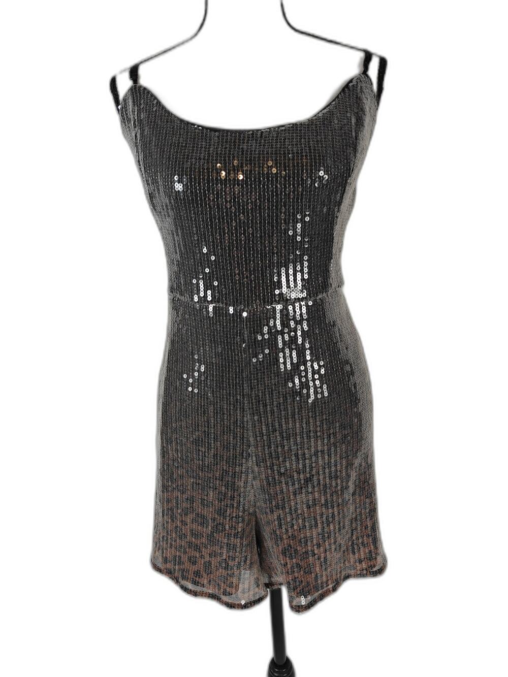 Women Hutch Sequin Romper Black Animal Print XL